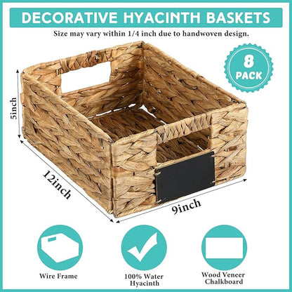 Nitial 8 Pcs 12 x 9 x 5 Inch Wicker Storage Basket, Rectangular Water Hyacinth Storage Baskets for Shelving, Foldable Woven Pantry Organizer with Chalkboard Label and Chalk Marker(Natural)