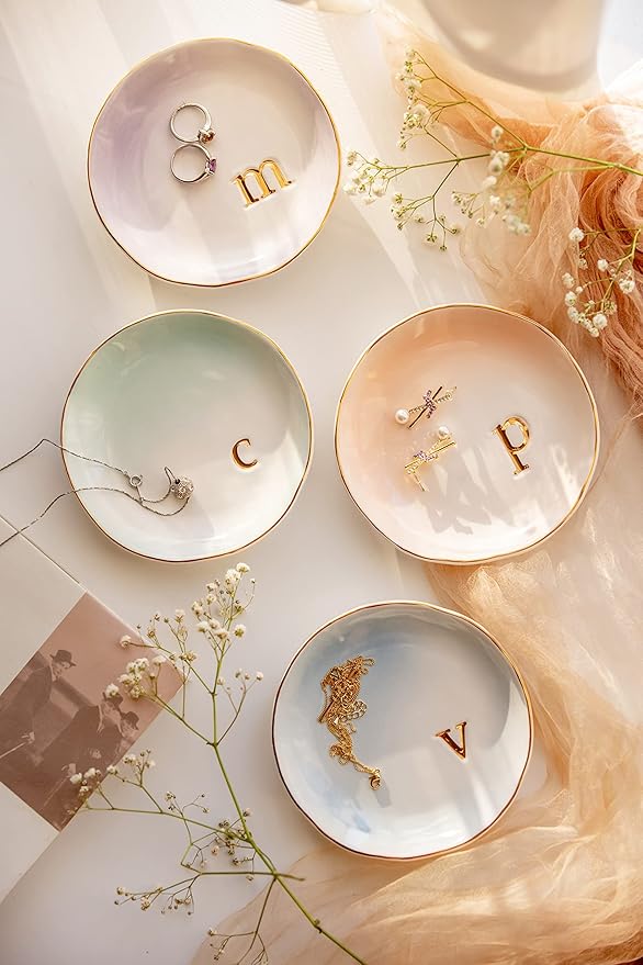 COLLECTIVE HOME - Ceramic Jewelry Tray, Decorative Trinket Dish for Rings Earrings Necklaces Bracelet Watch Keys, Birthday Mother's Day Christmas Gift for Women, 4.75", Colored Surface (H)