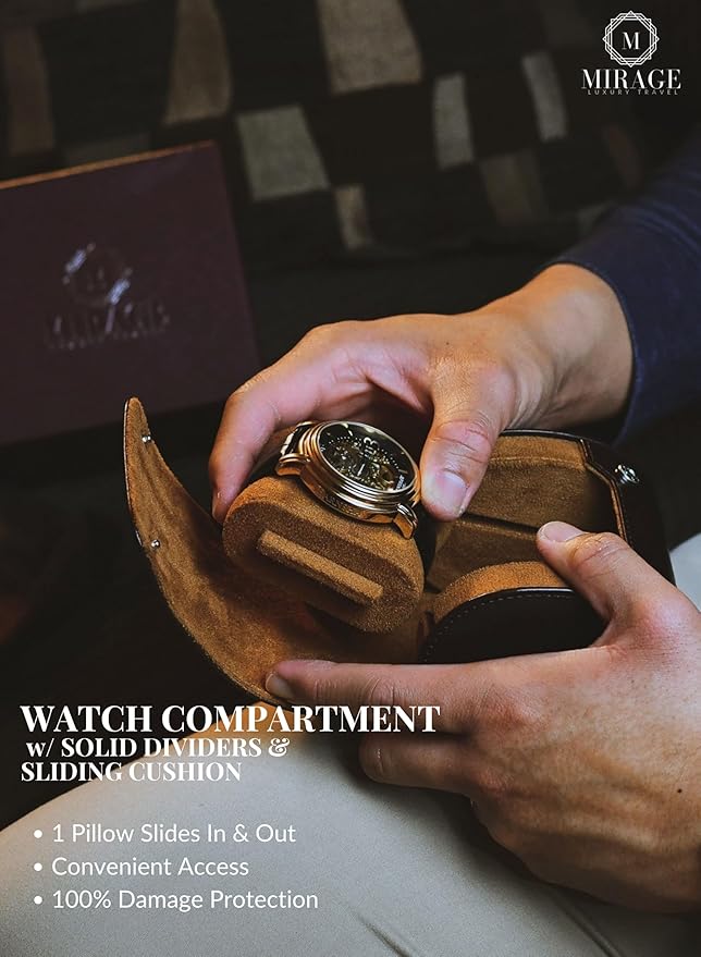Single Watch Case Travel Box - Watch Travel Case for Men – Single Watch Roll - Espresso Brown Swiss Motif Vegan Leather