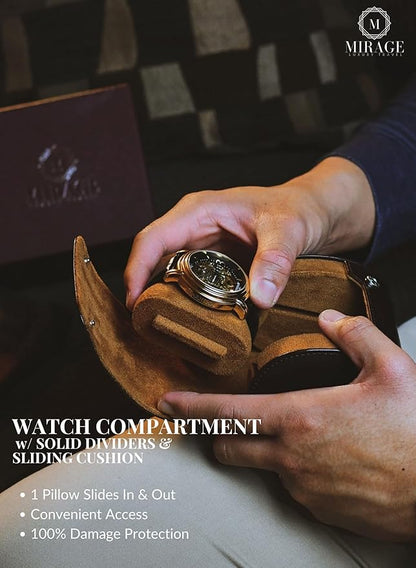 Single Watch Case Travel Box - Watch Travel Case for Men – Single Watch Roll - Espresso Brown Swiss Motif Vegan Leather