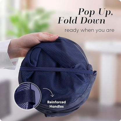 Handy Laundry Collapsible Mesh Pop Up Hamper with Wide Opening and Side Pocket - Breathable, Sturdy, Foldable, and Space-Saving Design for Clothes and Storage (Blue | 2-Pack)