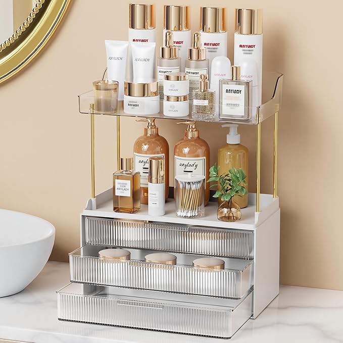 Anylady Bathroom Organizers and Storage, Makeup Organizer (Sturdy Durable Attractive), Ideal for Vanity, Countertop, Counter, Perfume, Skincare, Cabinet, Cosmetic, Dresser Organizer (White)