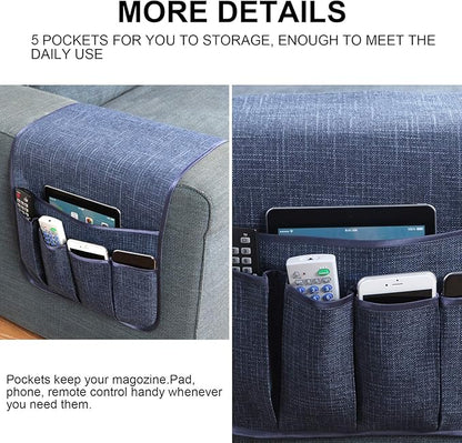 Sixyotie Sofa Armrest Organizer Non-Slip Remote Control Holders for Recliner Couch Chair Armchair Caddy with 5 Pockets for Table,Cell Phone,Ipad,Magazines,Books (13x35In, Navyblue)