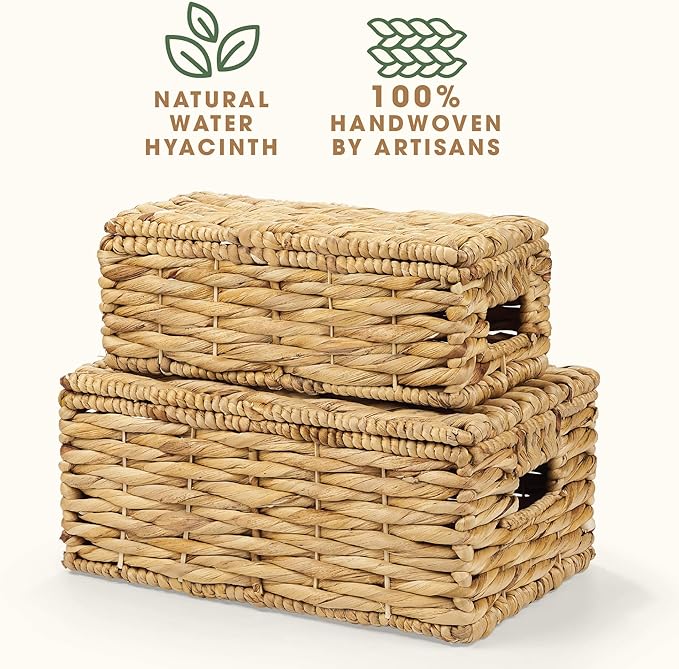 Set of 2 Wicker Baskets with Lid - Decorative Storage Boxes for Home Decor, Shelves - Woven Basket with Lid - Wicker Decor - Rattan Box - Decorative Bins with Lids (Natural)