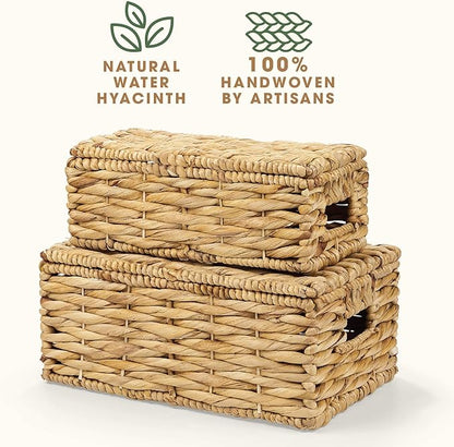 Set of 2 Wicker Baskets with Lid - Decorative Storage Boxes for Home Decor, Shelves - Woven Basket with Lid - Wicker Decor - Rattan Box - Decorative Bins with Lids (Natural)