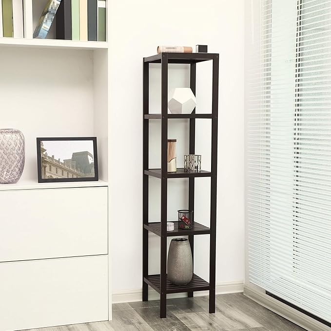 SONGMICS Bamboo Storage Shelf, 5-Tier Shelving Unit, Multifunctional, in the Entryway, Bathroom, Living Room, Balcony, Kitchen, 13 x 13 x 57.5 Inches, Brown UBCB55Z