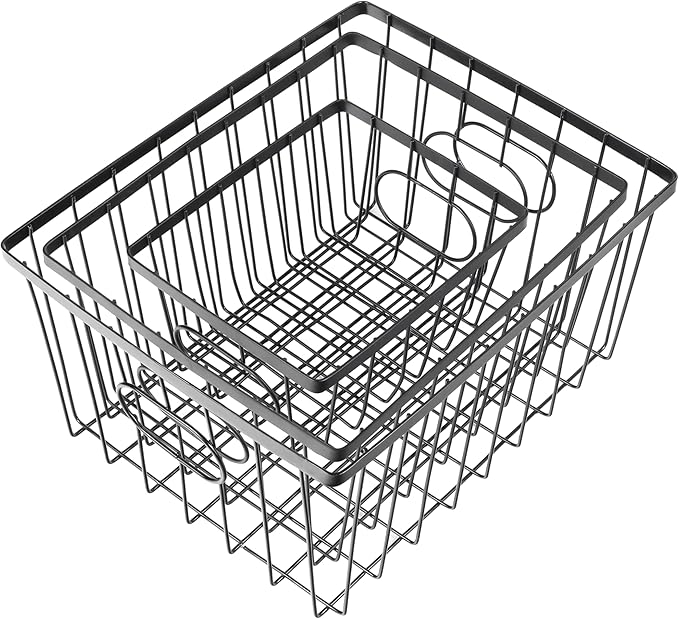 happimess BSK3001A-6SET Camden Vintage Industrial Wire Metal Nesting Storage Baskets for Shelves, Cabinets, Pantry, Countertop, Mesh Open Bin Basket for Organizing Supplies, Black (Set of 6)
