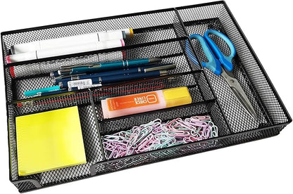 Desk Drawer Organizer Metal Mesh Drawer Organizer Tray for Office School or Home Supplies Desktop Storage Stationery, 6 Compartments, 12.6 x 8.27 x 1.57 inch，Black (2pc pack)