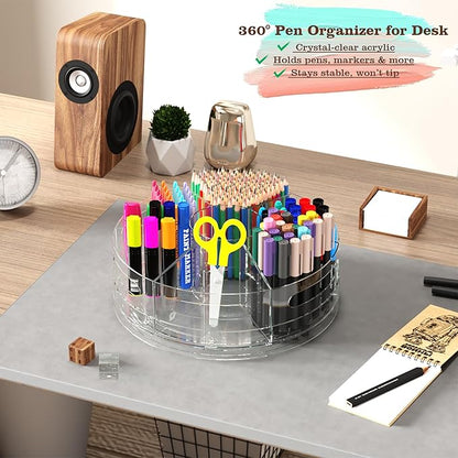 Rotating Desk Organizer, 360° Acrylic Pen Organizer for Desk with 7 Removable Compartments, Extra-Large Pen Holder for Office Supplies, Markers, and Art Supplies, Clear Pencil Holder