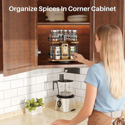 Lazy Susan Organizer Spice Rack - Spice Organization for Cabinet Height Adjustable Rotating Lazy Turntable, Pantry Kitchen Wood Revolving Seasoning Organizer (9 Inch)