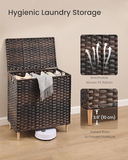SONGMICS Laundry Hamper with Lid, PE Rattan Laundry Basket with Removable Liner, Storage Basket for Bedroom Living Room, 3-Section Sorter, 42.2 Gallons (160 L), Chestnut Brown ULCB223ME01
