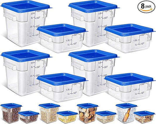 Yungyan 8 Pcs Restaurant Food Storage Containers with Lids Set 2Qt and 4Qt Commercial Restaurant Square Storage Containers Clear Food Cereal Container for Kitchen Freezer (Blue Lids)