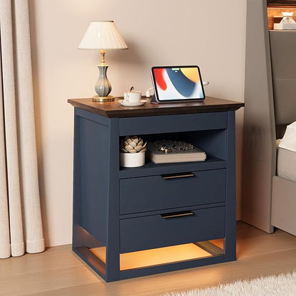 Rresyet 3 Drawer Nightstand with Charging Station & LED Lights & Open Shelf, Modern Night Stand with Storage, Wooden Bedside Table for Bedroom Room, Office (Blue)