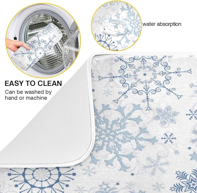 ZzWwR Chic Beautiful Snowflake Christmas Absorbent Dish Drying Mat Microfiber Kitchen Countertop Table Protector Multi-Purpose Counter Rack Sink Drainer Pad (16" x 18",White)