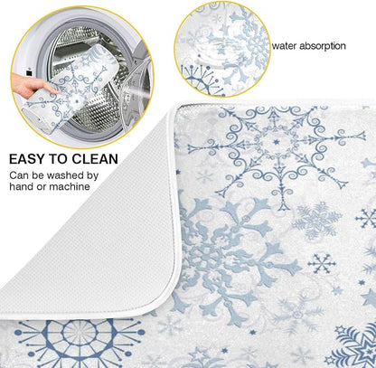 ZzWwR Chic Beautiful Snowflake Christmas Absorbent Dish Drying Mat Microfiber Kitchen Countertop Table Protector Multi-Purpose Counter Rack Sink Drainer Pad (16" x 18",White)