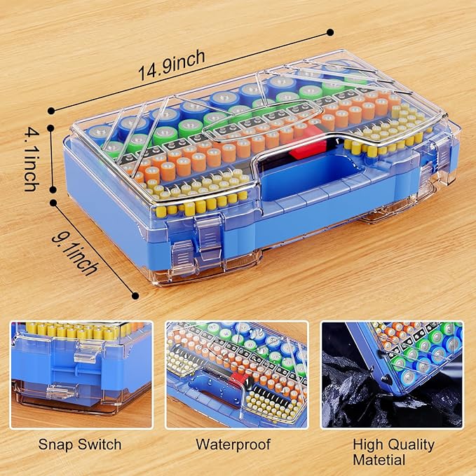 Battery Organizer Storage Holder Box Case with Tester, Stores & Protects Up to 285+ Batteries, Double-Sided and Durable Design,Holds AA AAA 4A C D Cell 9V 3V Lithium LR44 CR2 CR123 (Blue)