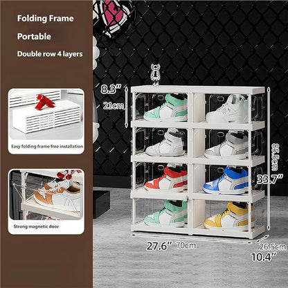 RILBOX X-Large Sturdy Foldable Shoe Rack Sneaker Container Clear Plastic Stackable Space Saving Shoe Storage Boxes Organizers Bin Holder with Lids for Entryway, Closet 4 Tier - 27.6" W Hold 8 Pairs