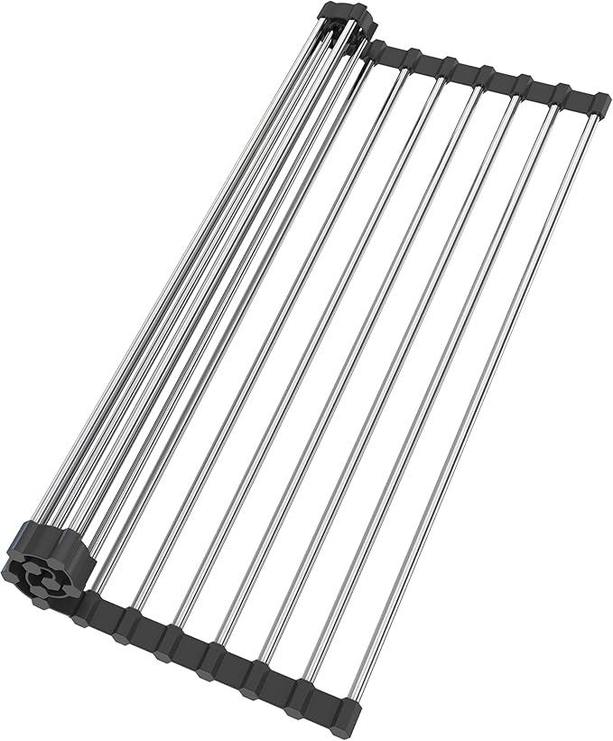TYZUIAW Roll Up Dish Drying Rack for Over Sink -17.5"x11.8" Foldable Stainless Steel Kitchen Drainer, Black