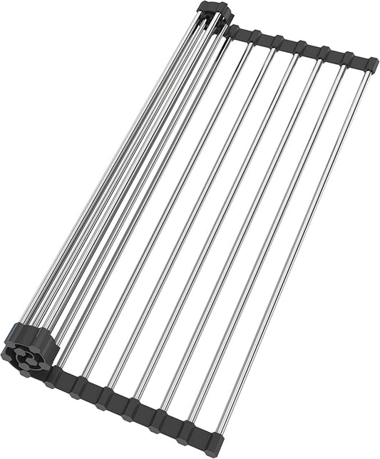 TYZUIAW Roll Up Dish Drying Rack for Over Sink -17.5"x11.8" Foldable Stainless Steel Kitchen Drainer, Black