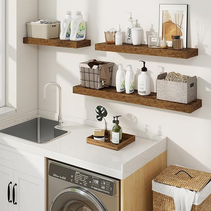 fuqing Floating Shelves for Wall, Wall Mounted Wood Floating Shelf with Invisible Brackets for Living Room, Bathroom, Bedroom, Kitchen Storage and Decor, 16 Inch Set of 2, Rustic Brown