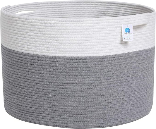 24" x 24" x 17" Max Size Large Cotton Rope Basket, Extra Large Storage Basket, Woven Laundry Hamper, Cloth Storage Bin, for Blankets Clothes Towels Pillows in Living Room, Grey