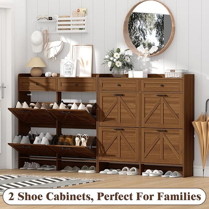 Shoe Cabinet with 4 Flip Drawers & 2 Storage Drawers, Rustic Farmhouse Narrow Shoe Organizer Cabinet, Slim Shoe Rack Cabinet, Shoe Storage Cabinet for Entryway, Hallway, Front Door