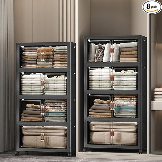 Extra Large Stackable Storage Bins with Lids & Wheels & Door, 896QT-112QT/28GAL*8Pack Foldable Collapsible Closet Organizers, Plastic containers drawers for bedroom Dorm