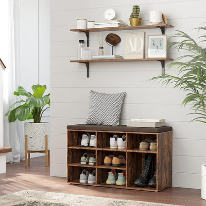 DINZI LVJ Shoe Storage Bench with Cushion, Cubby Rack with 9 Cubbies, Adjustable Shelves, Multifunctional Organizer Bench for Entryway, Mudroom, Hallway, Closet and Garage, Rustic Brown