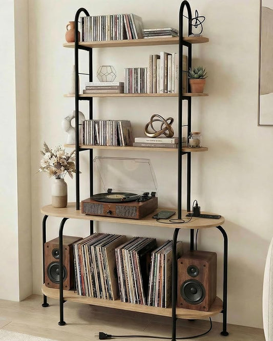5-Tier CD Storage Rack, Record Player Stand with Storage, DVD Organizer Shelf with Adjustable Book Stoppers, Media Storage Rack for CD/DVD, Books, Games, for Living Room, Bedroom, Home Office, Natural