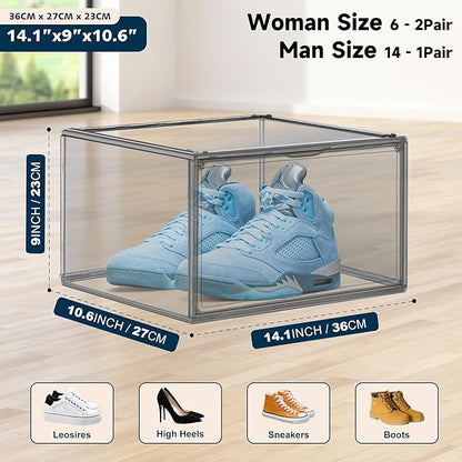 EZJOB 4 Pack Pure Organizer for Closet, Acrylic Shoe Box Size 14, Clear Display Case Handbag Organizer Shoe Box with Lid