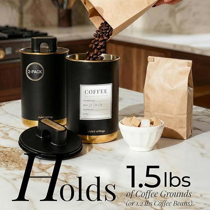 STYLED SETTINGS Coffee Bar Canisters Set of 2 – Vacuum Coffee Canisters with Airtight Lids & Scoop, Black & Gold Stainless Steel Food Storage Containers for Beans or Grounds – Coffee Lover Gifts