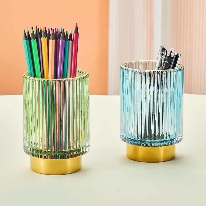 LEICURACE Makeup Brush Holder Organizer,Toothbrush Holders,Desk Pen Pencil Holder,Multifunctional Vintage Glass Brush Cup（L/Green/A3-6-US）