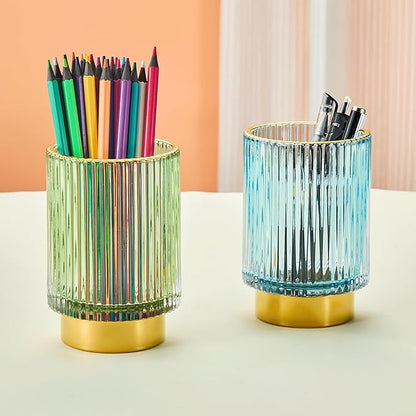 LEICURACE Makeup Brush Holder Organizer,Toothbrush Holders,Desk Pen Pencil Holder,Multifunctional Vintage Glass Brush Cup（L/Green/A3-6-US）