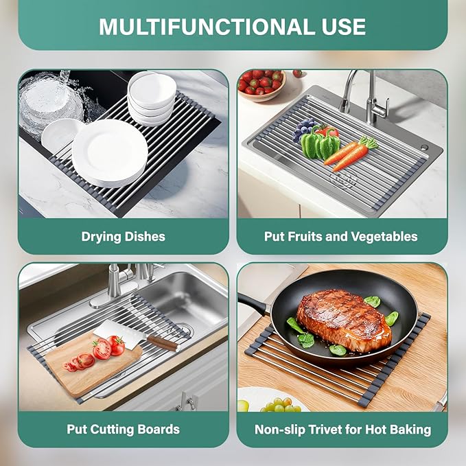 Hobychild Extra Large Expandable Roll Up Dish Drying Rack, 22.8 x 17.3 in with Expandable Storage Basket Over The Sink Rolling Dish Drainer, Foldable Sink Dish Drainer for Kitchen Counter