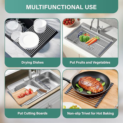 Hobychild Extra Large Expandable Roll Up Dish Drying Rack, 22.8 x 17.3 in with Expandable Storage Basket Over The Sink Rolling Dish Drainer, Foldable Sink Dish Drainer for Kitchen Counter