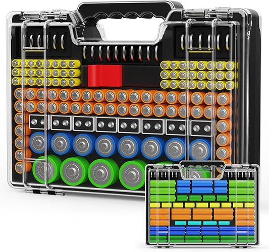 Battery Organizer Storage Holder Box Case with Tester, Stores & Protects Up to 260 Batteries, Double-Sided, Clear Locking Lid, Secure Latches & Portable Carrying Handle (Batteries Not Included)