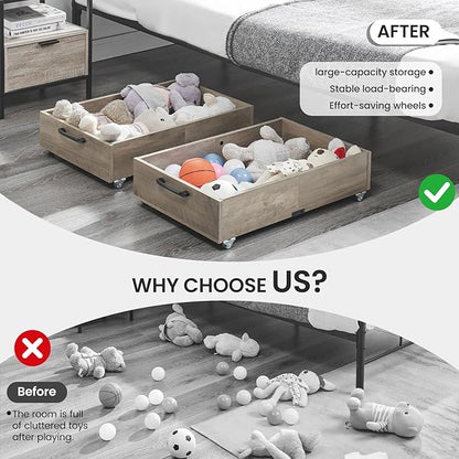 TIOPGHAD Under Bed Storage with Wheels, 2-Pack Under Bed Shoe Storage Organizer Drawer, Composite Wood Organizer for Shoes Clothes Containers in Bedroom for Clothes,Shoes(Grey)