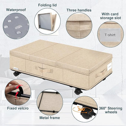Supowin Under Bed Storage with Wheels, Rolling Underbed Storage Containers with Lids, Under Bed Shoe Storage Bins Organizer with Reinforced Metal Bottom Support and Three Handles