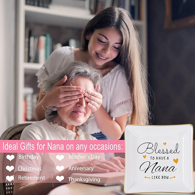 Piudee Nana Gifts, Gift for Nana Jewelry Dish -Blessed to have a nana like you Ring Trinket Dish, Nana Birthday Christmas Mother's Day Gifts, Nana Grandma Gifts from Grandkids Granddaughter