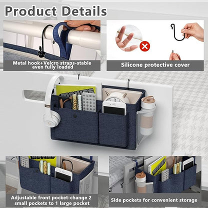Edudif Bedside Caddy Bedside Organizer with Fixed Straps & Water Bottle Holder, Bunk Bed Caddy ideal for Home, Dorm, Hospital, Crib, Versatile Bedside Storage Solution (Navy 2pcs)