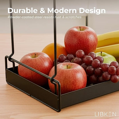 2-Tier Fruit Basket for Kitchen Counter – Black Powder Coated Metal Fruit Stand – Minimal Scandinavian Design Countertop Organizer for Fruits, Vegetables, Bread, Snacks – Sturdy & Easy Assembly