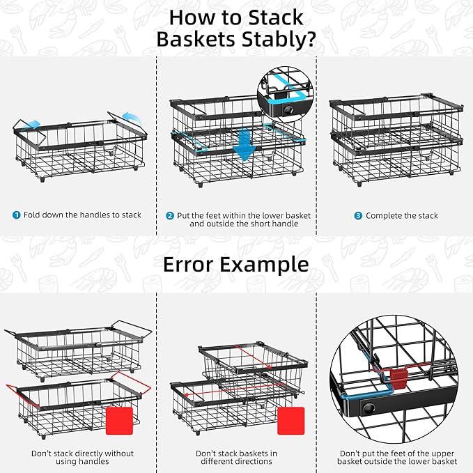 Deep freezer organizer bins-Fit 10 to 20 Cu.FT，4 Pcs stackable wire baskets for freezer，Vegetable Fruit Basket，kitchen countertop organizer，pantry organizers and storage，Expandable length 11.42-17.91"