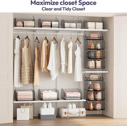 SWTYMIKI Hanging Closet Organizer Storage - 4 Tier Metal Stackable Hanging Closet Shelves with Dividers and S Hooks, Foldable Clothes Shelves for Clothes, Pants, Shoes, Coat, Hats Clutches Accessories