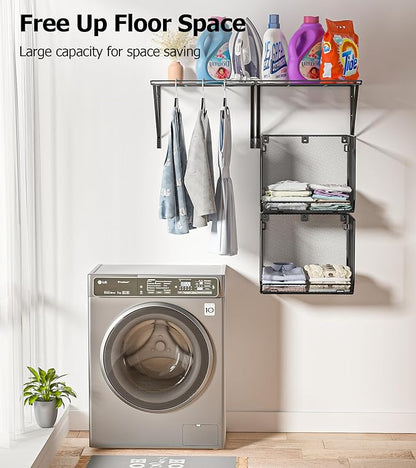 2 Pack Laundry Room Shelves Organization And Storage,Wall Mounted Clothes Drying Rack With Wire Mesh Basket Over Washer And Dryer,Large Capacity Floating Wall Shelf For Bathroom,Kitchen,Storeroom