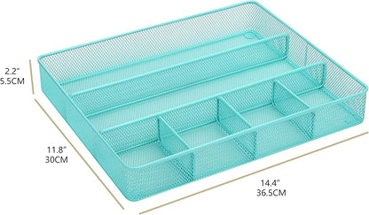 Annova Desk Top Organizer Tray for Office Organization - Metal Mesh - Storage Tray with Dividers for Pens, Desktop Accessories, Bathroom, Kitchen, Makeup and Office Supplies (Large, Turquoise)