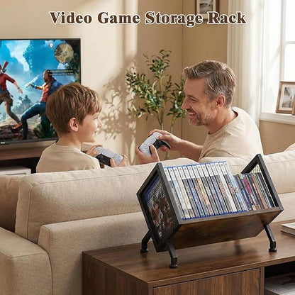 DVD & CD Storage Rack, Blu ray Storage Shelve Holds Up To 28 DVD Cases, Wooden Media Holder also Used for CDs, Video Game, Vhs Taps Storage, Retro Style Desktop organizer