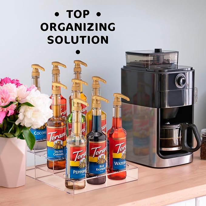 Acrylic Coffee Syrup Organizer Rack | 9 Bottle, 3 Tier Rack | Bar Counter-Top Display Stand | Kitchen, Pantry, Fridge Storage Organizer for Syrups, Wine, Soda, Beer