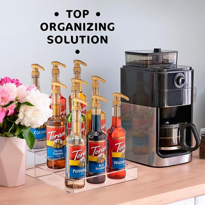 Acrylic Coffee Syrup Organizer Rack | 9 Bottle, 3 Tier Rack | Bar Counter-Top Display Stand | Kitchen, Pantry, Fridge Storage Organizer for Syrups, Wine, Soda, Beer