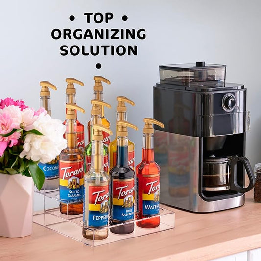 Acrylic Coffee Syrup Organizer Rack | 9 Bottle, 3 Tier Rack | Bar Counter-Top Display Stand | Kitchen, Pantry, Fridge Storage Organizer for Syrups, Wine, Soda, Beer