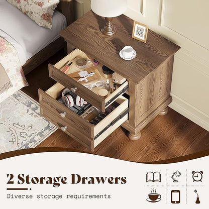 AMERLIFE Fully Assembled Nightstand, Solid Wood End Table with 2 Storage Drawers, 26" Extra Large Traditional Bedside Cabinet for Bedroom, Light Brown